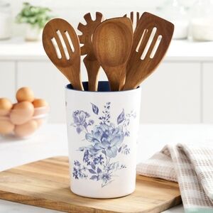 💕 New Pioneer Woman Delilah Floral Utensil Holder with Acacia Wood Utensils